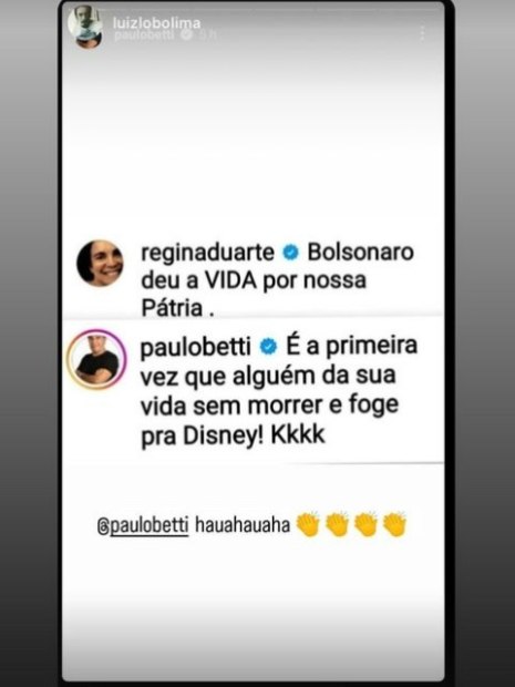 Mensagem de Paulo Betti para Regina Duarte