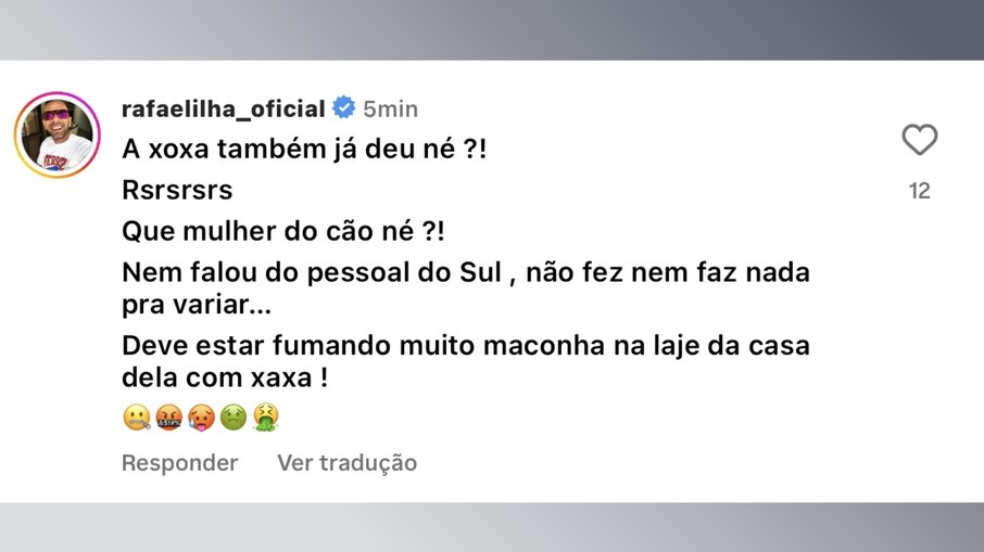 Print do comentário de Rafael Ilha na publicação de Mara Maravilha no Instagram