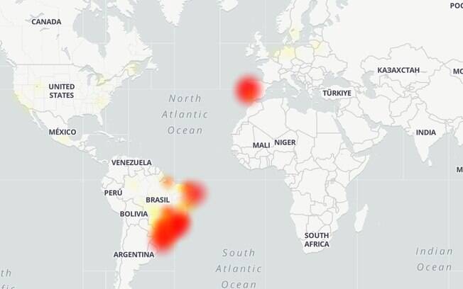 Mapa registra ocorrências de instabilidade no Twitter. Captura de tela realizada às 16h37 de 28/07/2020.