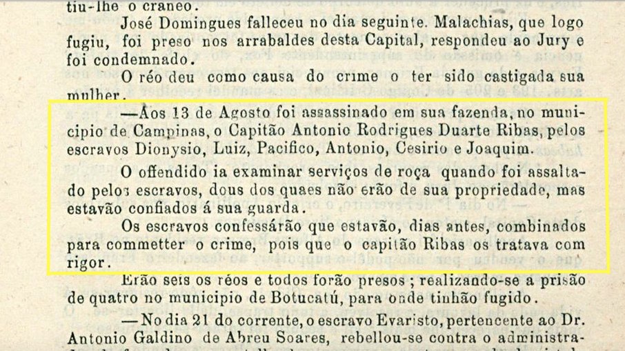 Relato do assassinato do Capitão Antonio Rodrigues Duarte Ribas