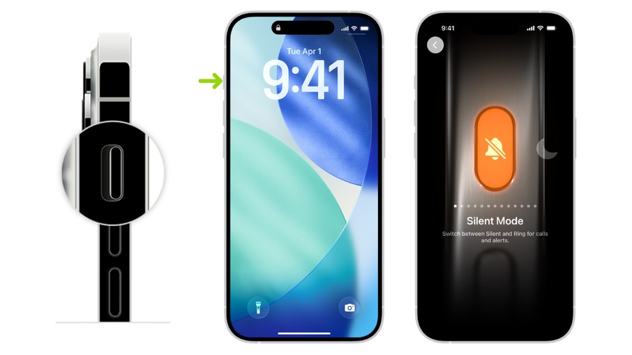 iPhones mais antigos possuem um botão laranja na lateral para ativar ou desativar o modo silencioso, enquanto modelos mais novos possuem um botão de Ação personalizável
