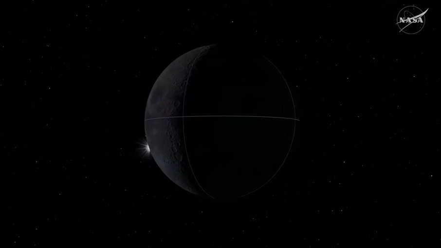 Simulação da NASA mostra o momento em que o Sol reaparece por trás da Lua, vista da cápsula Orion durante o eclipse observado pela missão Artemis II