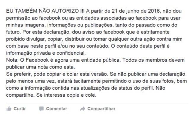 Declaração circula desde 2012 no Facebook, mas não tem qualquer efeito prático