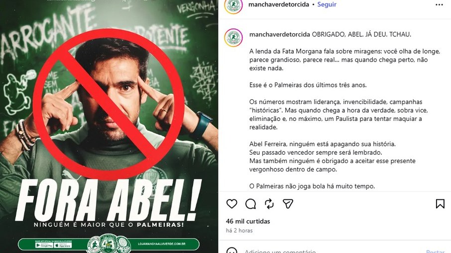Torcida organizada do Palmeiras pede cabeça de Abel Ferreira