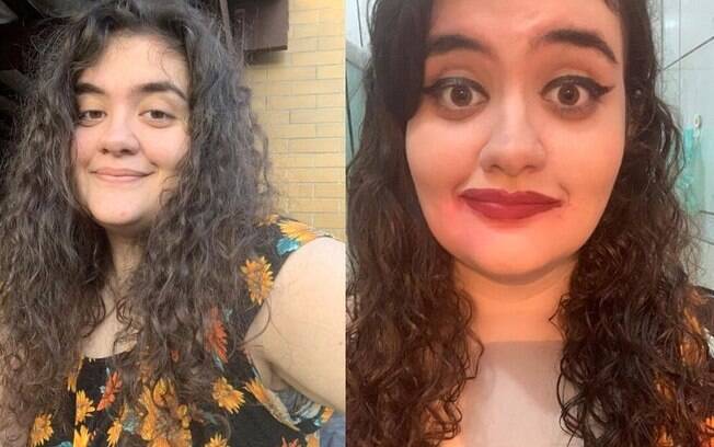 Eu antes e depois de algumas dicas de maquiagem que rolam no TikTok. Enquanto o delineado deu certo, a boca claramente foi um fiasco