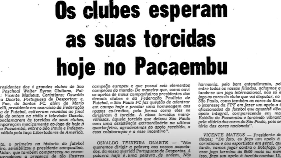 Folha de S. Paulo destaca o apoio dos arquirrivais do São Paulo em 1974 Folha de S. Paulo destaca o apoio dos arquirrivais do São Paulo em 1974