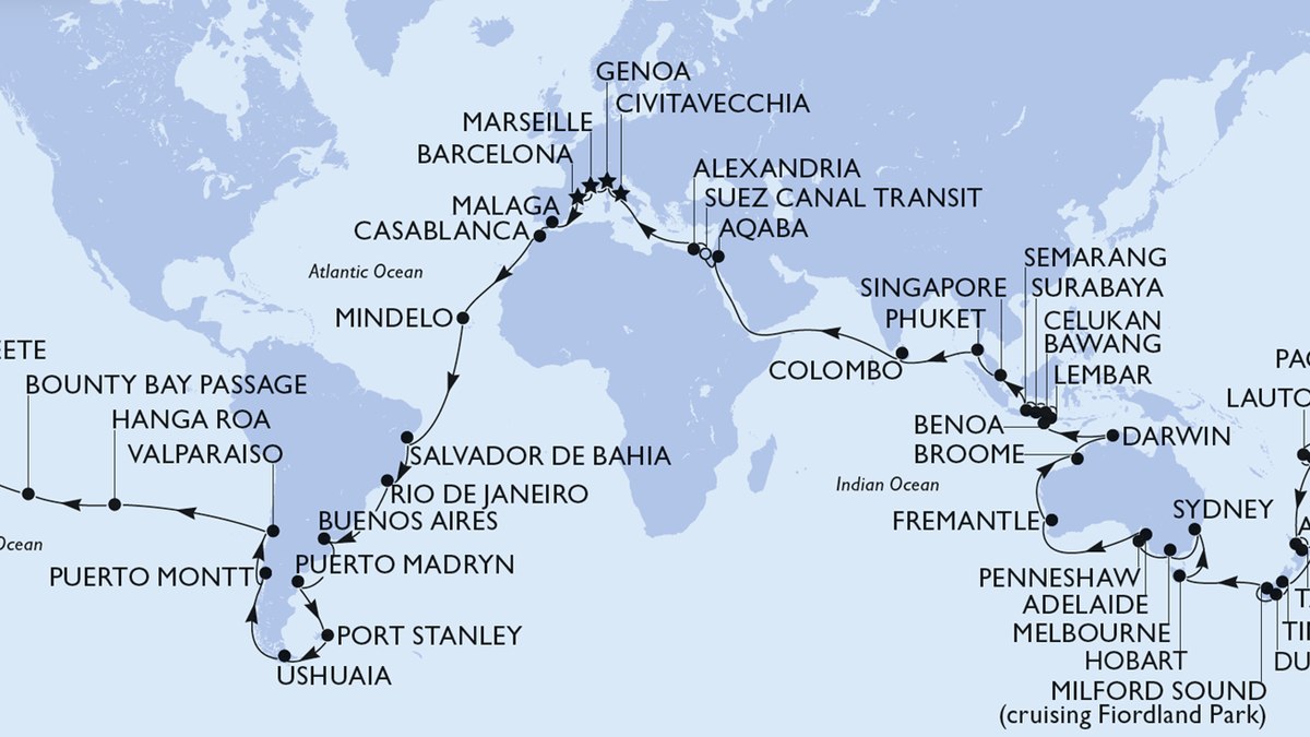 Itinerário do MSC World Cruise 2029 Itinerário do MSC World Cruise 2029