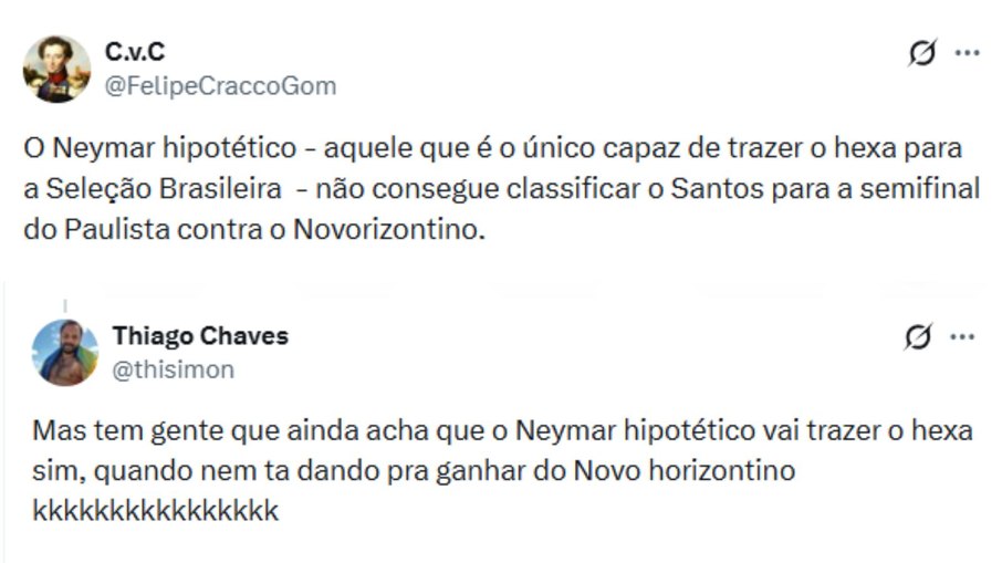Internautas comentando sobre as dificuldades de Neymar no Santos