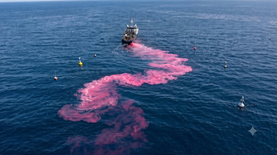Pesquisadores americanos liberaram 62 mil litros de hidróxido de sódio no Golfo do Maine e tingiram a água de rosa para acompanhar o produto