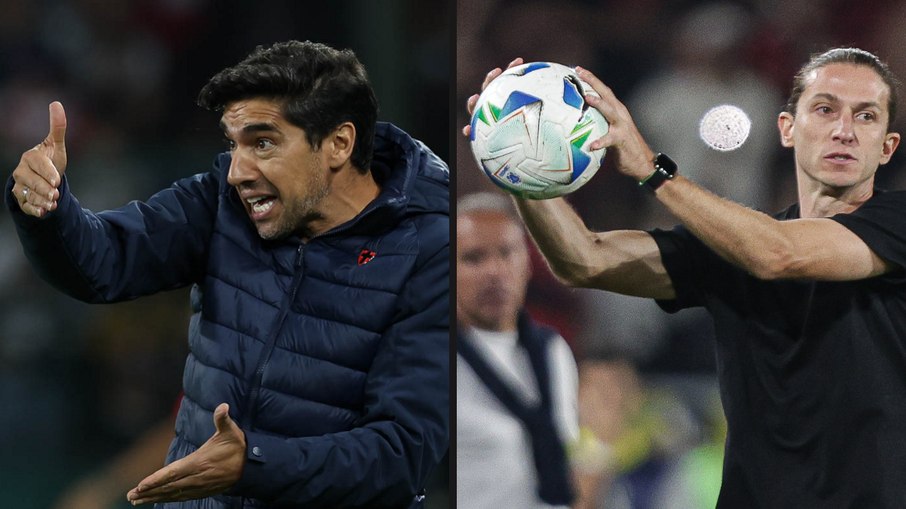 Filipe Luís e Abel Ferreira em imagens das semifinais da Libertadores 2025