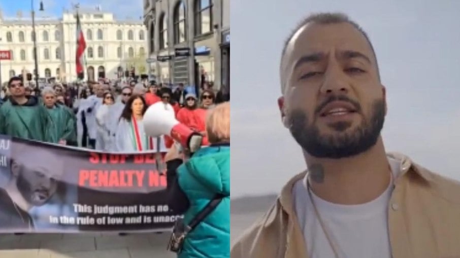 À esquerda, manifestantes pedindo anulação da pena de morte do rapper iraniano Toomaj Salehi, que está na foto à direita