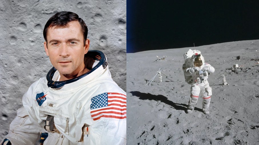 Astronauta da missão Apollo 16 durante uma atividade extraveicular na superfície lunar, em 1972, em uma das últimas vezes em que humanos caminharam na Lua.