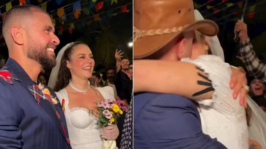 Paolla Oliveira e Diogo Nogueira na festa de casamento julina