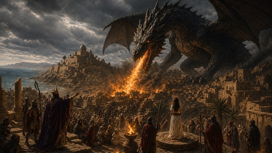 Dragão atacando cidade medieval