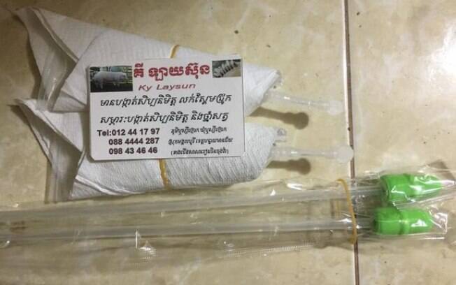 O kit com o esperma do porco e um pênis artificial é vendido pelo equivalente a R$ 20 no Camboja