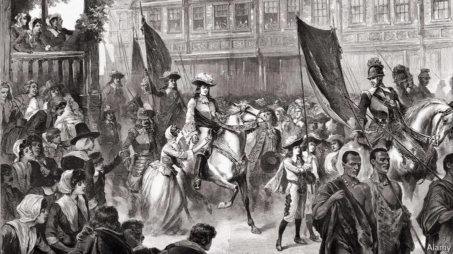 Esta imagem retrata a entrada de Guilherme de Orange em Exeter, Devon, em 1688, um evento fundamental na Revolução Gloriosa na Inglaterra.