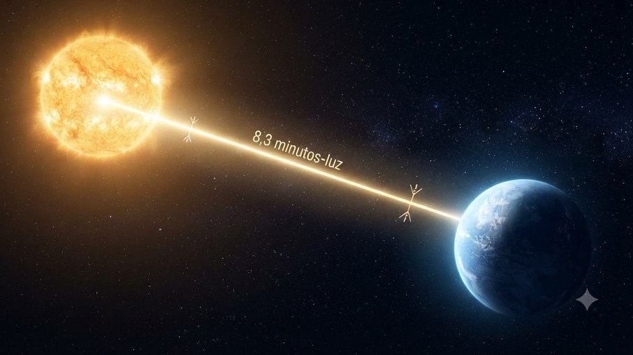 Representação de 8,3 minutos-luz, a distância entre o Sol e a Terra