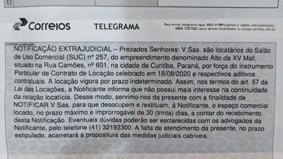 Telegrama enviado pelos gestores aos lojistas Telegrama enviado pelos gestores aos lojistas