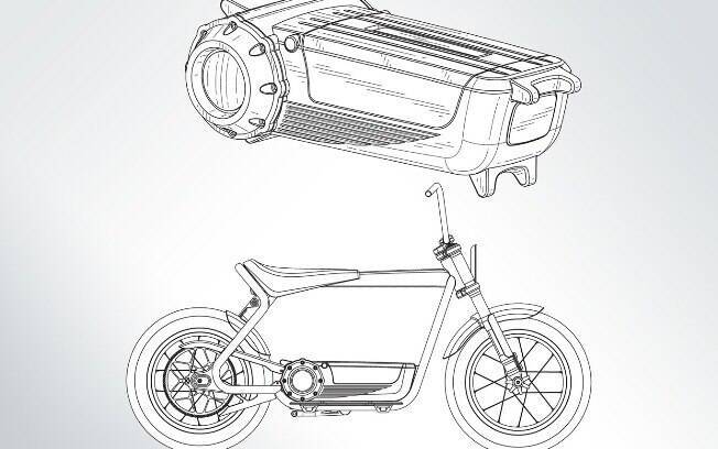 Desenho que faz parte do arquivo de patente da nova scooter elétrica da Harley-Davidson mostra a alça na bateria da motocicleta