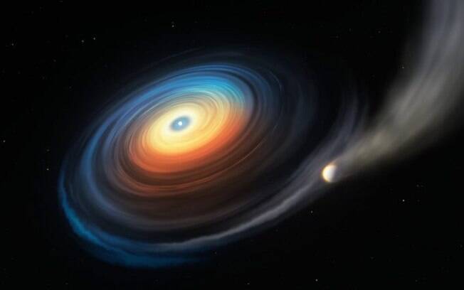 Imagem meramente ilustrativa: Parte da atmosfera do planeta é puxada para a estrela e forma o disco de gás em torno dela