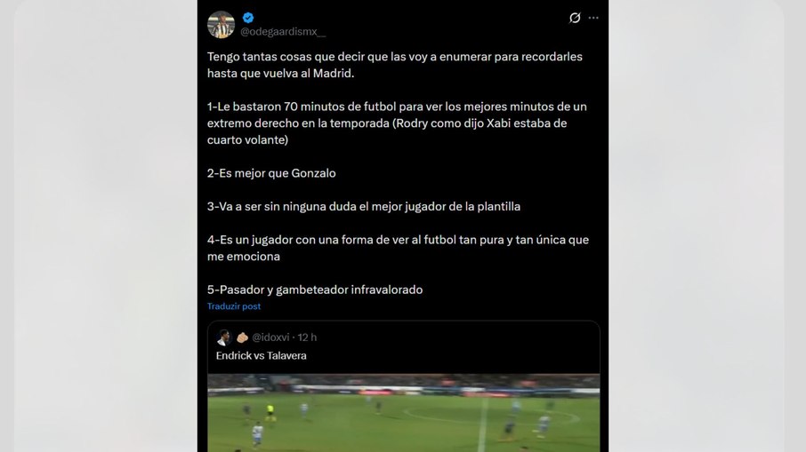 Endrick elogiado na rede social X