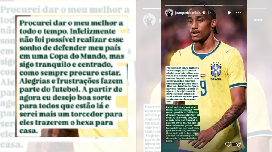 Publicação de João Pedro sobre ausência na lista de Ancelotti Publicação de João Pedro sobre ausência na lista de Ancelotti