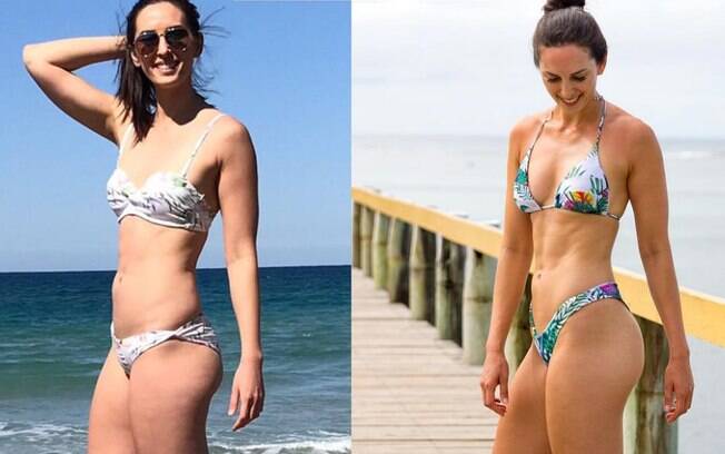 À esquerda, a nutricionista que é contra se pesar para medir resultados estava com 69 kg, 4 a menos que na foto à direita