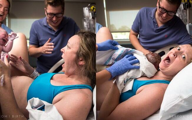 Dara Crouch decidiu não saber o sexo do bebê e se surpreendeu na hora do parto, contagiando todos ao seu redor