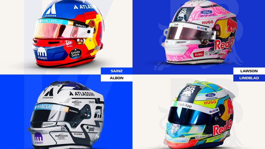 Capacetes de Sainz, Albon, Lawson e Lindblad