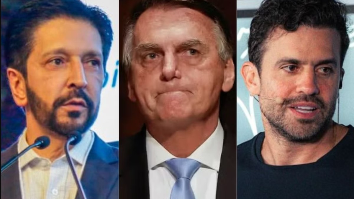 Ricardo Nunes (E), Jair Bolsonaro (C) e Pablo Marçal (D)