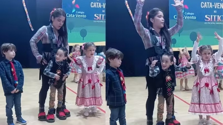 Professora usa colete para aluno dançar em festa junina Professora usa colete para aluno dançar em festa junina