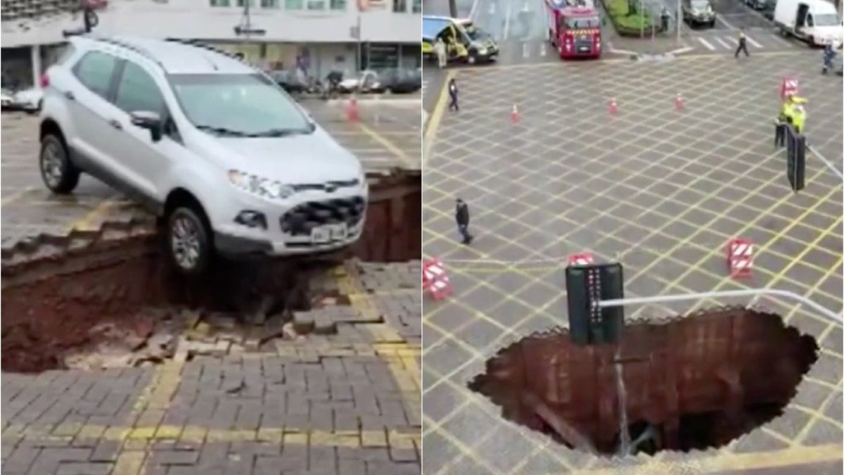 Carro ficou pendurado após abertura de cratera