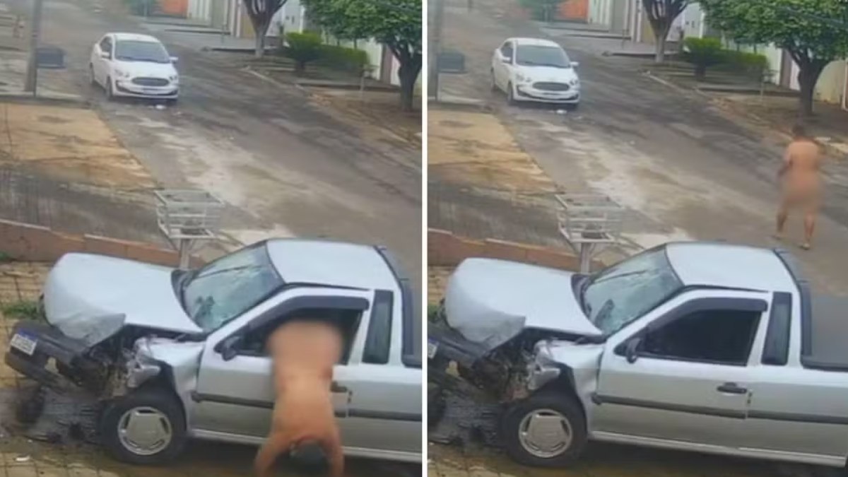 Homem pelado foge após bater carro roubado