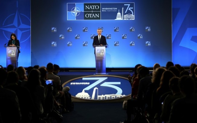 O secretário-geral da Otan, Jens Stoltenberg, na cúpula da aliança militar em Washington, em 10 de julho de 2024