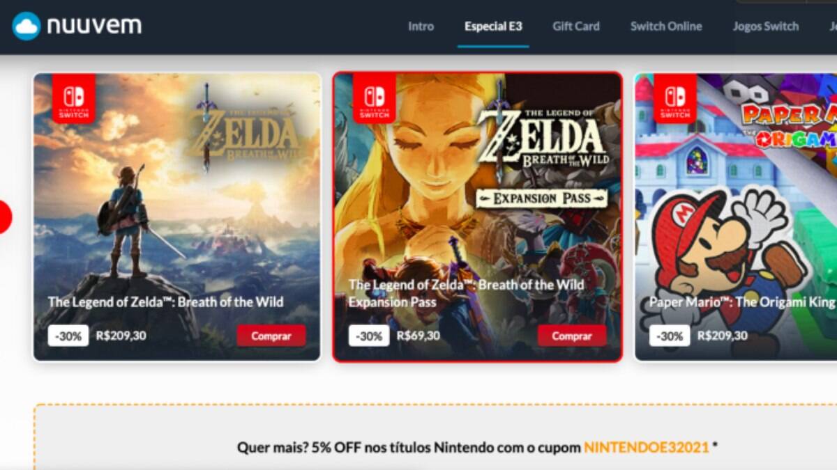 Nintendo lança no Brasil cupons para compra de dois jogos por R$ 499
