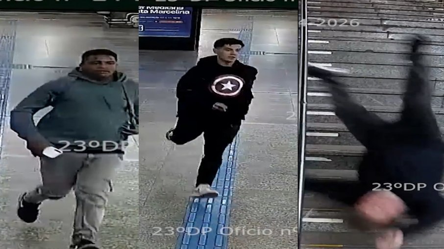 Câmeras de segurança flagram suspeitos de roubarem o celular de Marco Aurélio Cunha, que caiu durante a perseguição Câmeras de segurança flagram suspeitos de roubarem o celular de Marco Aurélio Cunha, que caiu durante a perseguição