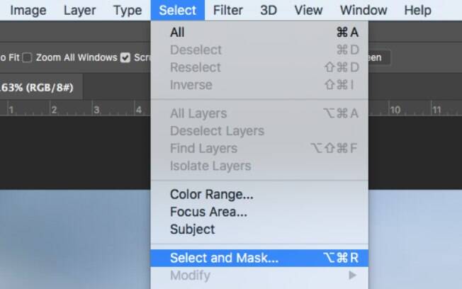 Clique em Select > Select and Mask. 