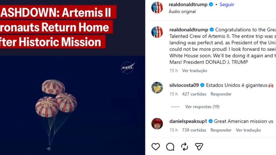 O presidente dos Estados Unidos, Donald Trump, parabenizou a tripulação em suas redes sociais