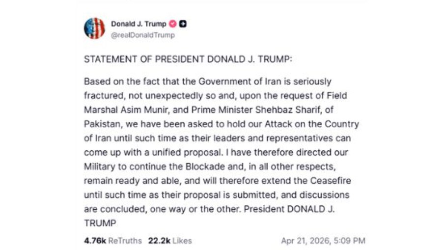 Trump anuncia em rede social manutenção do cessar-fogo até proposta iraniana