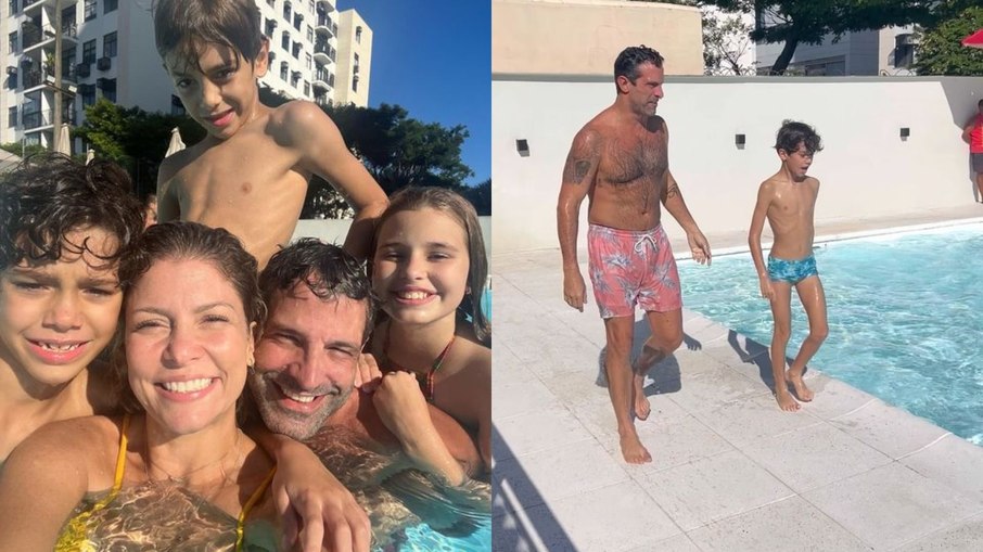 Bárbara Borges e Iran Malfitano curtem piscina com filhos