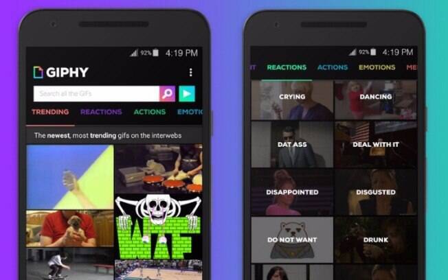 Giphy oferece destaque para as imagens mais populares, mas conta com categorias para as reações e emoções