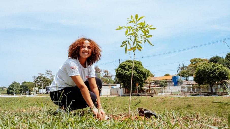 Aluna do Sesi Valinhos durante plantio de árvore Aluna do Sesi Valinhos durante plantio de árvore