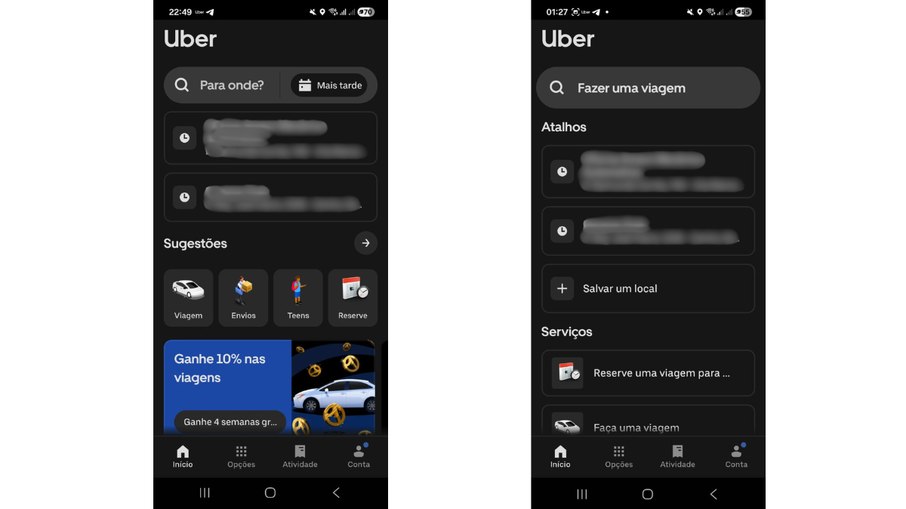 Antes e depois do Modo Simples no aplicativo da Uber