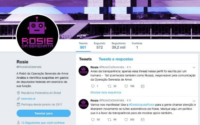 O perfil de Rosie no Twitter tem mais de 39 mil seguidores e denuncia reembolsos irregulares ligados à cota parlamentar