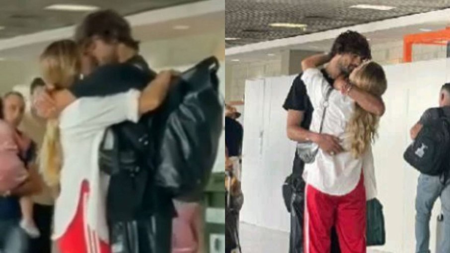 Grazi Massafera e Marlon Teixeira são vistos aos beijos em aeroporto