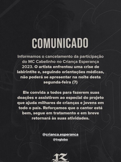 MC Cabelinho cancela apresentação no Criança Esperança por problema de saúde