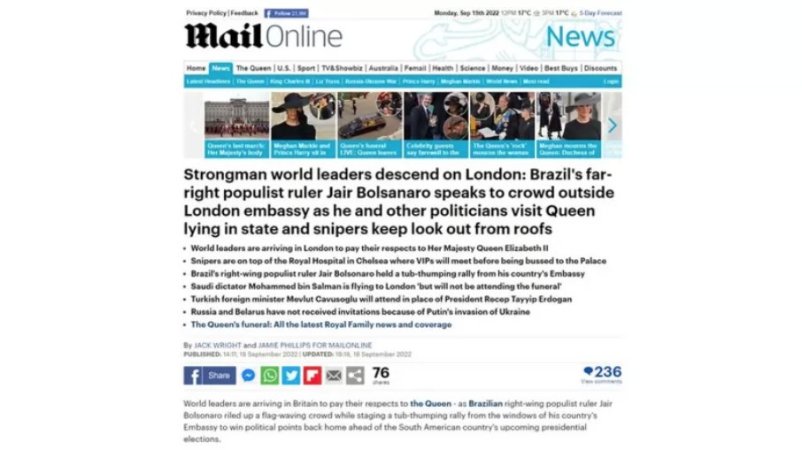 Daily Mail repercute falas de Bolsonaro em Londres