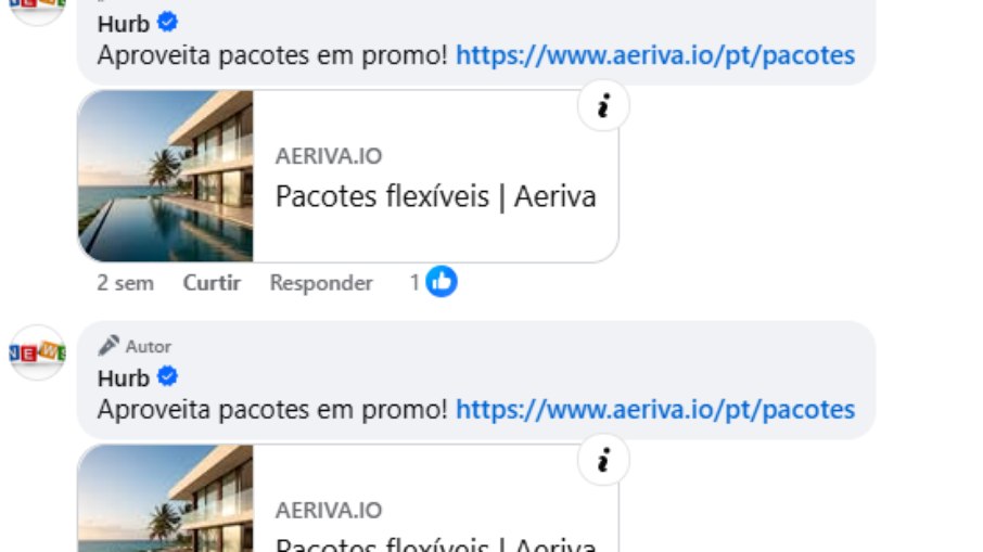 Em uma postagem no Facebook da Hurb é possível ver o direcionamento para o site da Aeriva