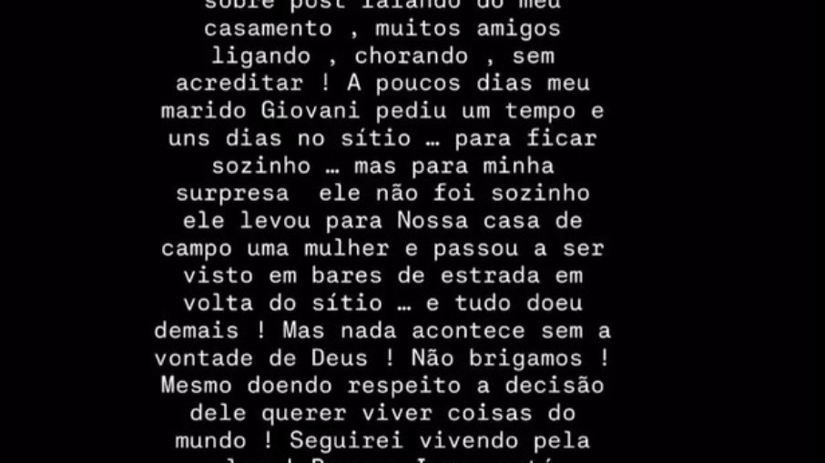 Pronunciamento de Anna Carolina Morais sobre fim do casamento com Giovani Pronunciamento de Anna Carolina Morais sobre fim do casamento com Giovani