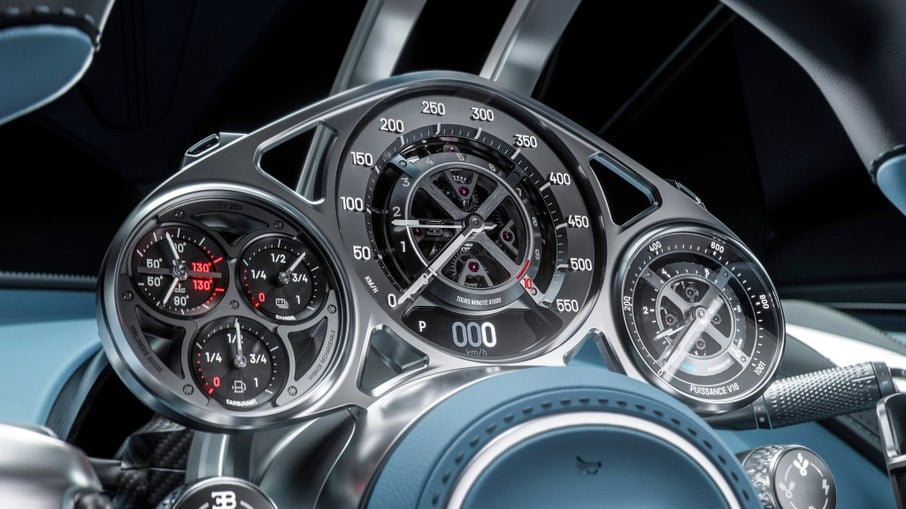 Bugatti Tourbillon tem painel de instrumentos analógico e mostrando mecanismos